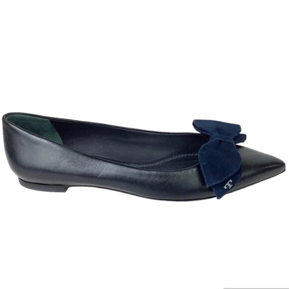 TORY BURCH NAVY LEATHER BOW LOGO POINTY BALLERINA FLATS - Picture 1 of 14